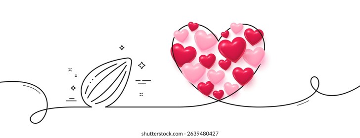 Almond nut line icon. Continuous line big heart. Tasty nuts sign. Vegan food symbol. 3d hearts in heart shaped loop. Almond nut single line ribbon. Loop curve pattern. Vector