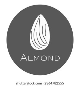 Almond nut logo with lettering. Label design. Kernel white silhouette in a gray circle. Can be used for snack packaging. Healthy food concept. Flat vector illustration isolated