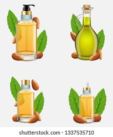 Almond nut oil set. Vector realistic illustration of sweet almond oil bottles and whole almonds with leaves. Health and beauty product.
