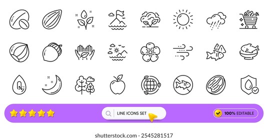 Almond nut, Plants watering and Hazelnut line icons for web app. Pack of Seafood, Fair trade, Sea mountains pictogram icons. No alcohol, Co2 gas, Sunny weather signs. Pecan nut, Tree. Vector