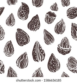 Almond nut. Seamless pattern. Nature crop. Vector realistic sketch on white background. Healthy food. Organic milk, natural oil Art hand drawn illustration,  monochrome print 