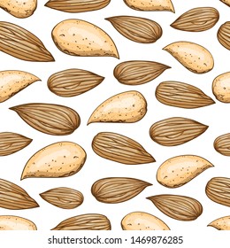 Almond nut seamless pattern on a transparent background. Ornament from nut with and without nutshell. Hand drawn vector illustration.