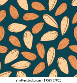 Almond nut seamless pattern on dark blue. Hand drawn flat vector nut. Nuts backdrop. For wallpapers, wrapping papers, restaurant menu, web page background, textile. Organic food seamless pattern.