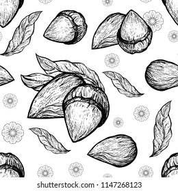 Almond nut - vector engraving hand drawing. Seamless pattern for covers, printing on packages of goods in stores. Linear original detail illustration of the ingredient for milk or oil