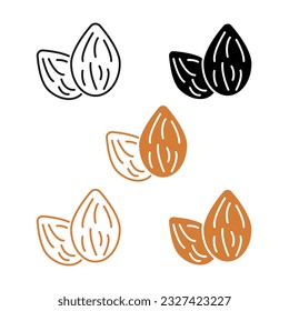 Almond nut vector icon set in line and fill style. Almond nut set in black and brown color