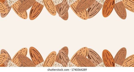 Borde sin fisuras del vector de nuez de almendra. Banner de semillas ovaladas marrones con espacio para texto sobre fondo blanco. Diseño de cáscaras de núcleo. Etiqueta, borde vegetal, nutrición, confitería, concepto alternativo de leche