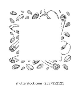 Mandelnüsse, Apfelscheiben und Zimtstangen, quadratischer Vektorrahmen mit schwarzen Farben. Samen, Früchte, Würzzutaten monochrome Illustration mit leerem Platz für Text. Für das Packungsdesign.