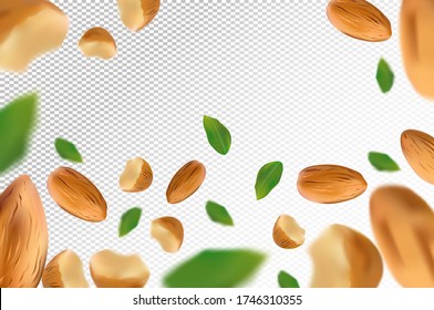 Almond nuts background. Flying almond with green leaf on transparent background. 3D realistic nuts. Almond falling from different angles. Vector illustration