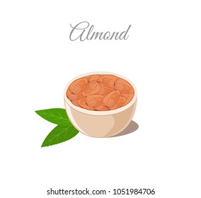 Almond nuts in bowl with green leaves isolated on white background. Vector illustration flat design