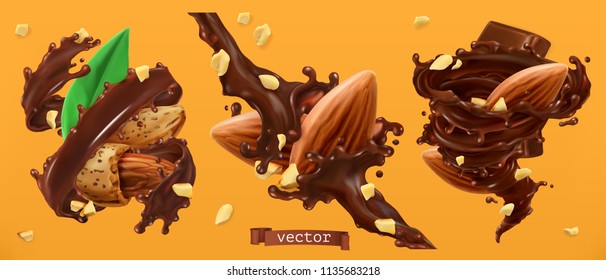 Almond nuts and chocolate splashes. 3d realistic vector