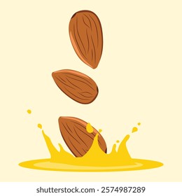 Almond nuts falling into almond splash and oil vector illustration design with off white background