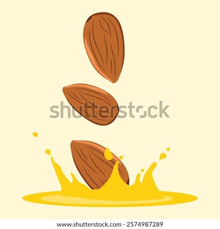 Almond nuts falling into almond splash and oil vector illustration design with off white background