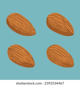 Almond nuts in four versions - labeling for healthy breakfast, meals, desserts. Isolated Vector sticker for food 