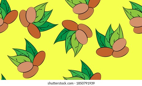 Almond nuts, green leaves seamless pattern on white background. Food vector illustration in cartoon simple flat style.