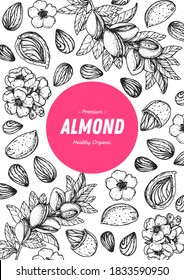 Almond nuts hand drawn sketch. Nuts vector illustration. Organic healthy food. Great for packaging design. Engraved style. Black and white color.