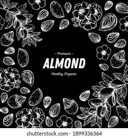 Almond nuts hand drawn sketch. Nuts vector illustration. Organic healthy food. Great for packaging design. Engraved style. Black and white color.