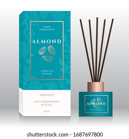 Almond Nuts Home Fragrance Sticks Abstract Vector Label Box Template. Hand Drawn Sketch Flowers, Leaves Background. Retro Typography. Room Perfume Packaging Design Layout. Realistic Mockup. Isolated.