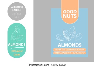 Almond nuts labels with green elements. Cartoon drawn nut silhouettes. Almonds product Badge with text: gluten free, low glycemic index, no sugar alcohols, 0g trance fat. Raw organic sticker