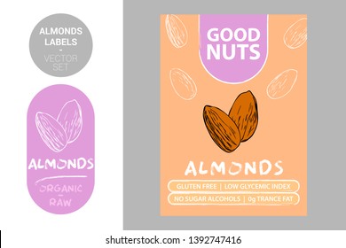 Almond nuts labels with green elements. Cartoon drawn nut silhouettes. Almonds product Badge with text: gluten free, low glycemic index, no sugar alcohols, 0g trance fat. Raw organic sticker