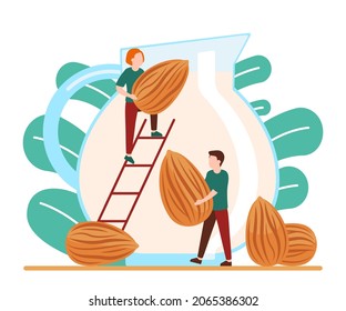 Almond nuts and almond milk. Almond milk production process. People are making. Vector illustration