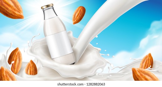 Almond nuts and milk splash near glassware bottle, realistic yogurt mixing near glass container for dairy, pouring milkshake or milky cream with spatters. Breakfast vegan drink and healthy dessert