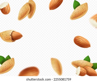 Almond nuts on background. Flying almond with green leaf. Blurred falling realistic nuts. Vector illustration