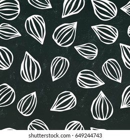 Almond Nuts Seamless on a Black Chalkboard Background. Food Pattern. Realistic Vector Illustration Isolated Hand Drawn Doodle or Cartoon Style Sketch.