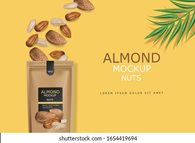 Almond nuts vector realistic mock up. Raw vegan delicious snack. 3d detailed design product packages