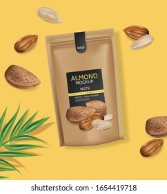 El vector de nueces de almendra se burla de la realidad. Raw vegano delicioso. 3d paquetes de productos de diseño detallados