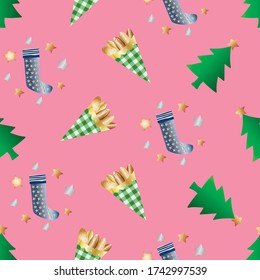 Almond nuts vector seamless pattern background. Roasted golden confectionery in gingham bags, festive stockings, stars and trees pink backdrop. All over print for seasonal, winter, Christmas fair