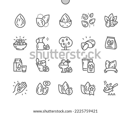 Almond nuts. Walnut oil seed. Almond milk. Food shop, supermarket. Menu for cafe. Pixel Perfect Vector Thin Line Icons. Simple Minimal Pictogram