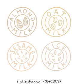 Almond, Oat, Sesame, Rice Milk Badges.Vector Hand Drawn Illustration