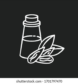 Almond oil chalk white icon on black background. Organic ingredient for essence. Massage oil. Natural cosmetic product for dry hair treatment. Isolated vector chalkboard illustration