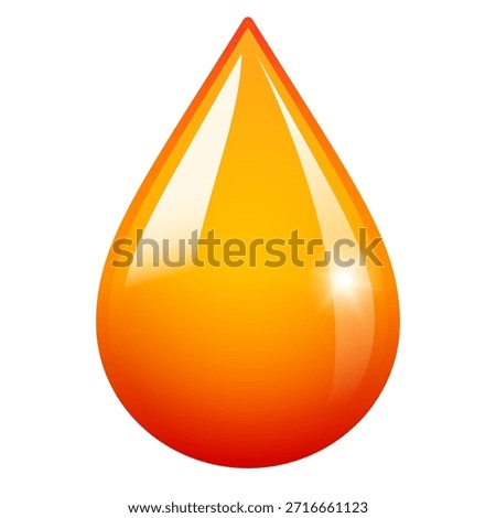 Almond oil drop vector icon isolated on white background. Glossy droplet of natural essential almond oil, jojoba oil, buckwheat honey, orange color dishwashing liquid. Shiny glass design element for food supplement, massage oil, shampoo, hair dye, hand cream etc. Dark yellow droplet shape of beer or aperol spritz.