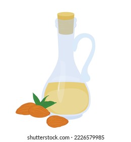Almond oil in a glass bottle. Vegetable oil. For massage, aromatherapy, cooking. Almond nuts . Vector stock illustration. Isolated on a white background.
