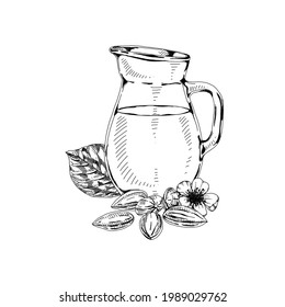 Almond oil jug, retro hand drawn vector illustration.