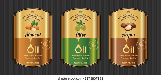 Almond oil label design Olive oil label design Argan oil label design retro style vintage gold and black premium labels collection