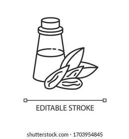 Almond oil pixel perfect linear icon. Massage oil. Natural cosmetic for dry hair treatment. Thin line customizable illustration. Contour symbol. Vector isolated outline drawing. Editable stroke