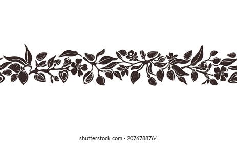 Almond outline border. Vector seamless pattern. Shape of branch, nuts, flower, leaves. Vintage floral plantation on white background. Protein eat, organic milk