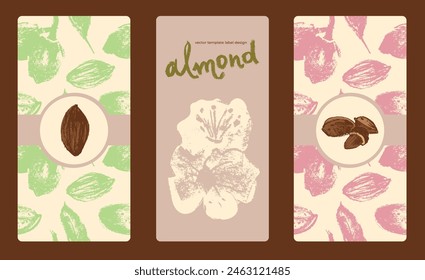 Plantilla de embalaje de almendras. Vector dibujado a mano dibujos de almendras. Patrón sin costura de nueces de almendra ilustración. Pasta de mazapán o insignias de mantequilla de almendras. Boceto floral con texturas de carbón. Comida orgánica.