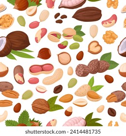 Almond, peanut and walnut seamless pattern. Seeds and nuts endless design, cocos and hazelnut flat vector background illustration