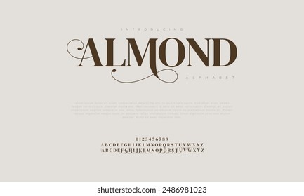 Almond premium luxury elegant alphabet letters and numbers. Vintage wedding typography classic serif font decorative vintage retro. creative vector illustration