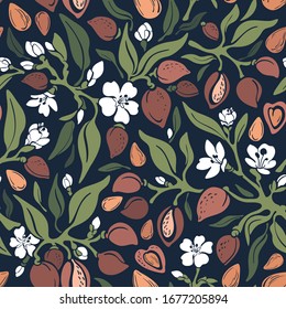 Almond retro seamless pattern. Vector green tree, wild branch, nut, leaf, white summer flower in bloom. Art floral fashion print, vinrage cute illustration on black background. Organic healthy food