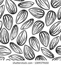 Almond seamless pattern. Black contour on white background. Hand drawn vector illustration. 