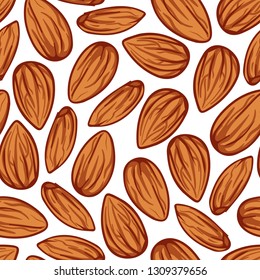 Almond seamless pattern. Brown nuts on white background. Hand drawn vector illustration. 