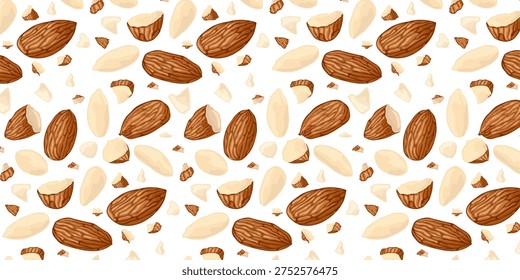 Almond seamless pattern featuring whole nuts, halves, pieces, and flakes. Ideal for healthy food themes, baking, desserts, plantbased diets, packaging, recipes, and nutrition projects.