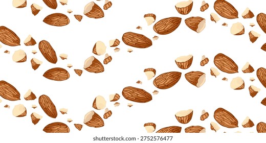 Almond seamless pattern featuring whole nuts, halves, pieces. Ideal for healthy food themes, baking, desserts, plantbased diets, packaging, recipes, and nutrition projects.