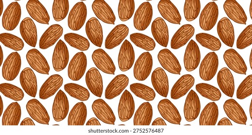 Almond seamless pattern featuring whole nuts. Ideal for healthy food themes, baking, desserts, plantbased diets, packaging, recipes, and nutrition projects.