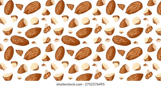 Almond seamless pattern featuring whole nuts, halves, pieces. Ideal for healthy food themes, baking, desserts, plantbased diets, packaging, recipes, and nutrition projects.