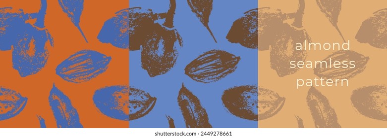 Almond seamless pattern with hand-drawn illustrations of almond nuts for web banner, oil packaging or marzipan paste label design. Vector floral sketches background, almond ornament. Natural product.